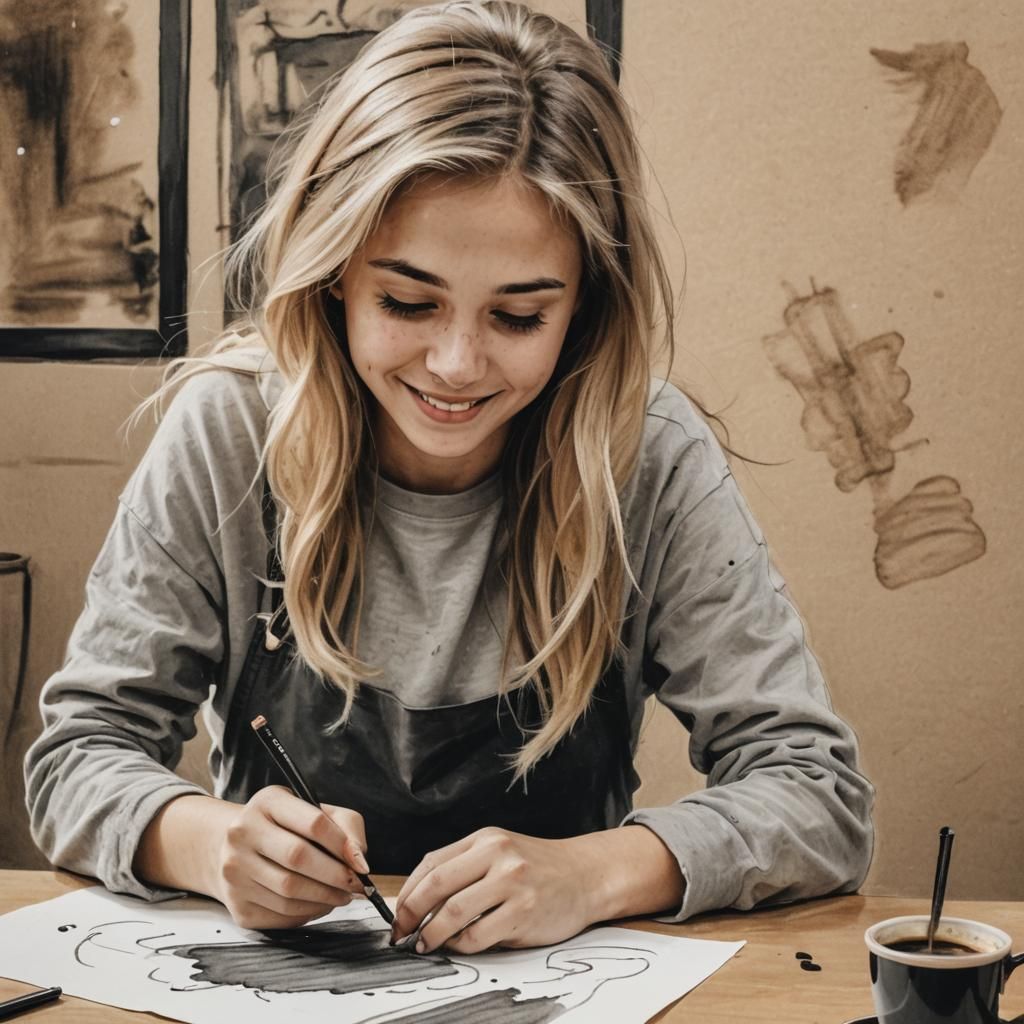 Happy Young Girl Drawing with Charcoal