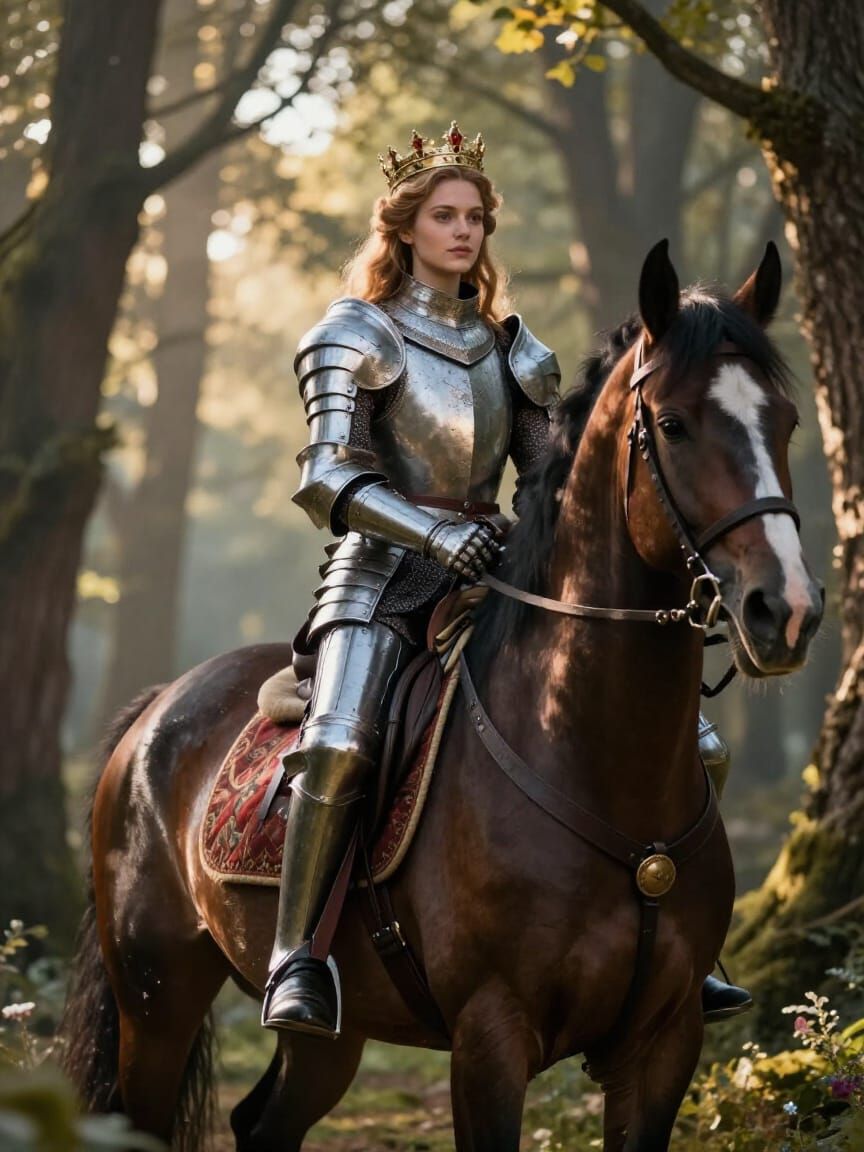 Cute Knight Queen Rides Warhorse Through Dawn Forest