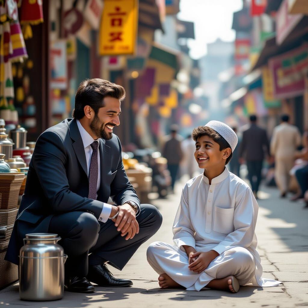 Mocking Man and Smiling Boy in Indian Street Scene