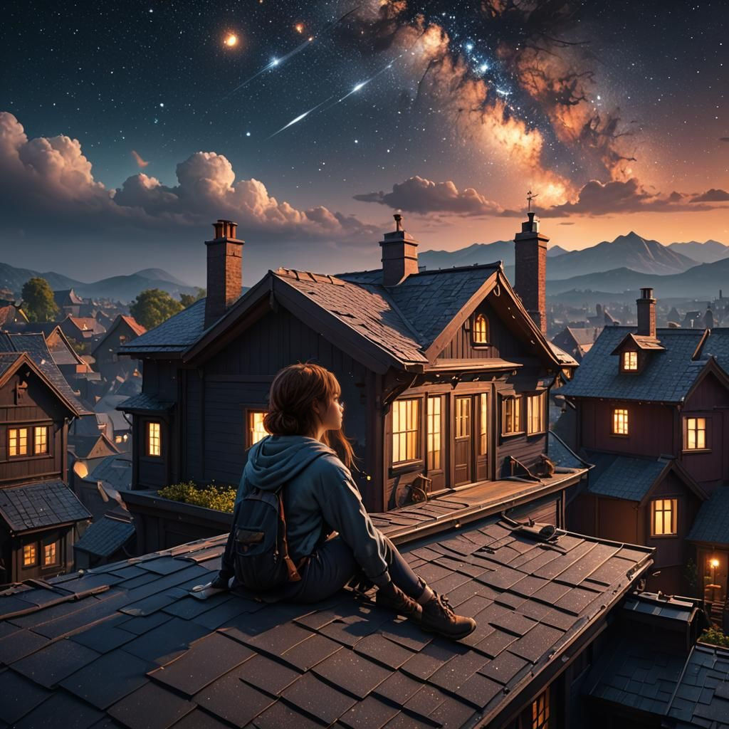 Girl Stargazing on Rooftop: Fantasy Concept Art