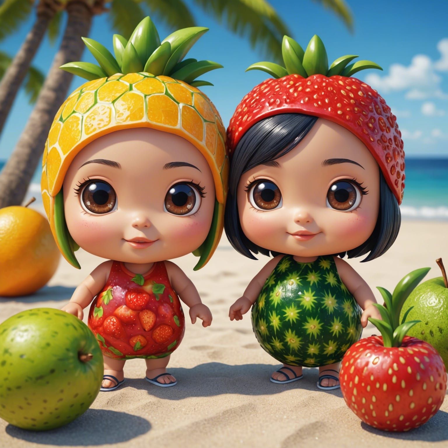 Chibi Fruits Play on Tropical Beach in HDR