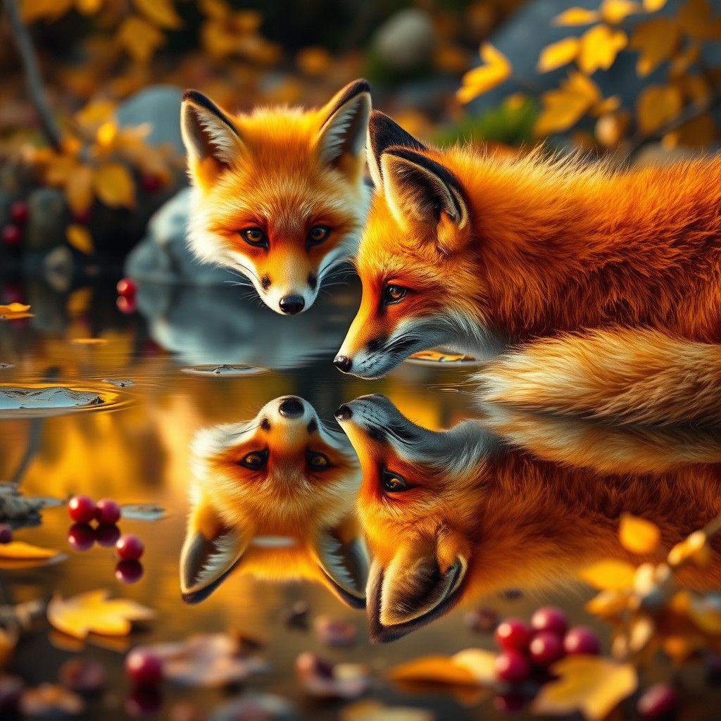 Fox Gazing at Reflection in Autumnal Impressionism