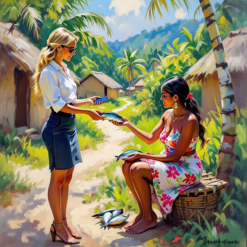 Businesswoman Trades Smartphone for Fish with Amazon Woman