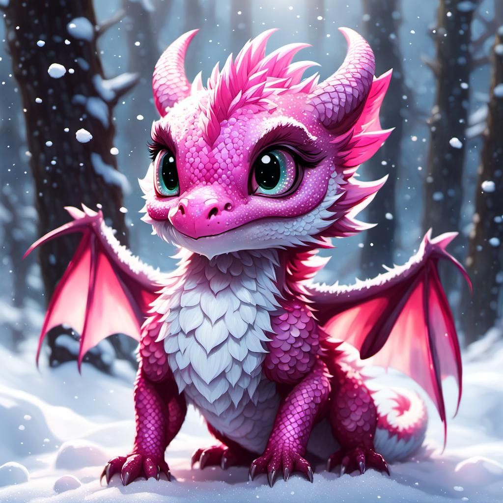 Pink Chibi Dragon Playing in Snow