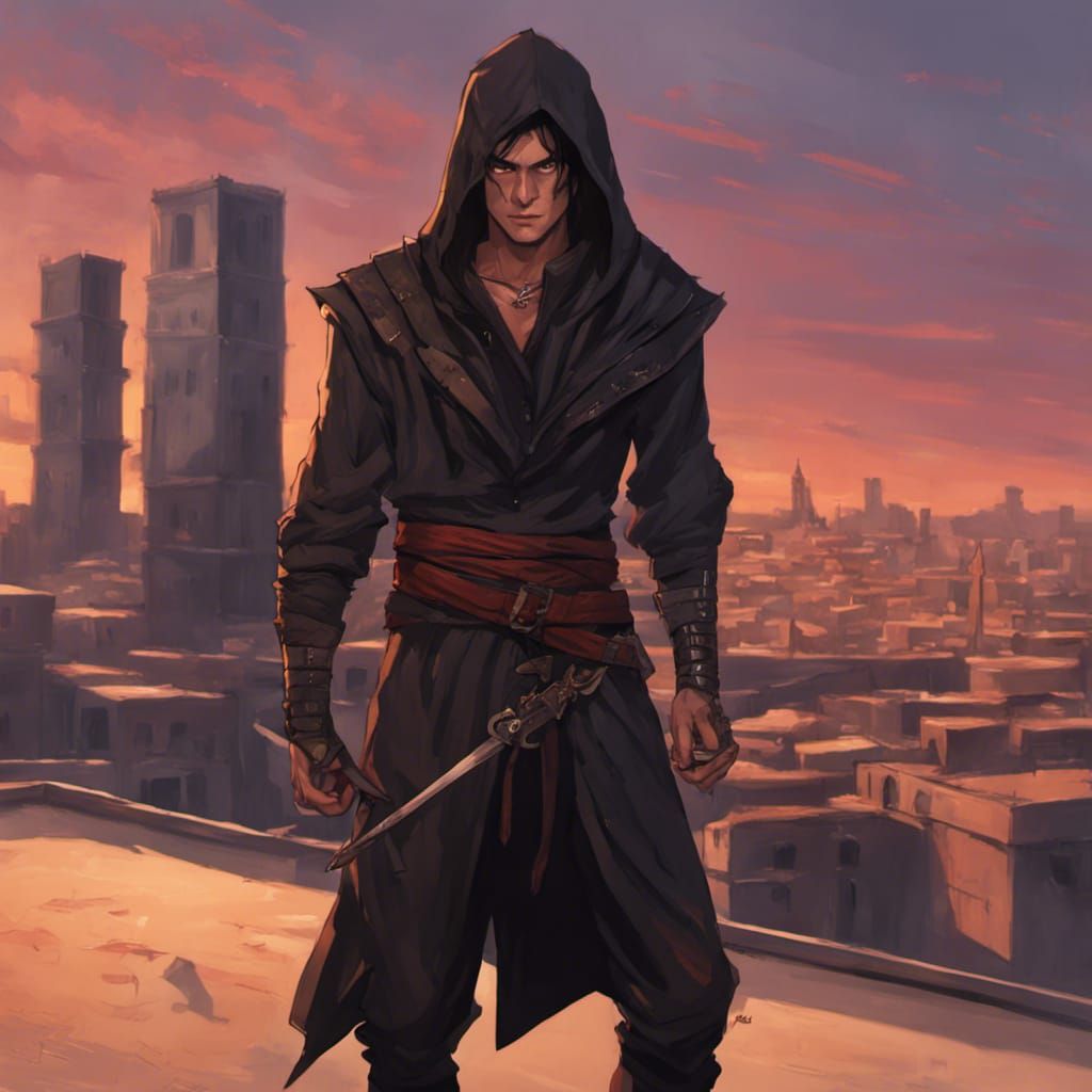 Rogue Assassin Portrait on Rooftop in Detailed Matte Paintin...