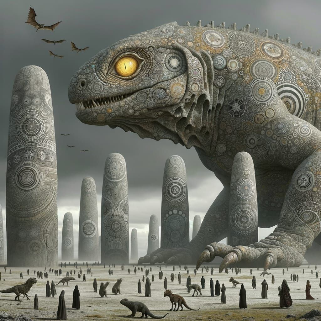 Mystic Stone Pillars and Mosaic Lizard in Barren Landscape
