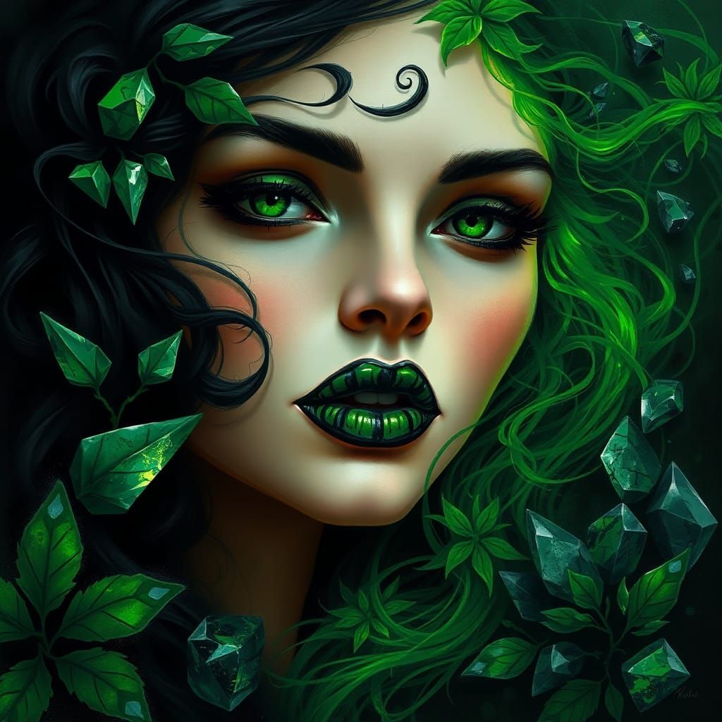 Woman with Black and Green Lips in Digital Painting