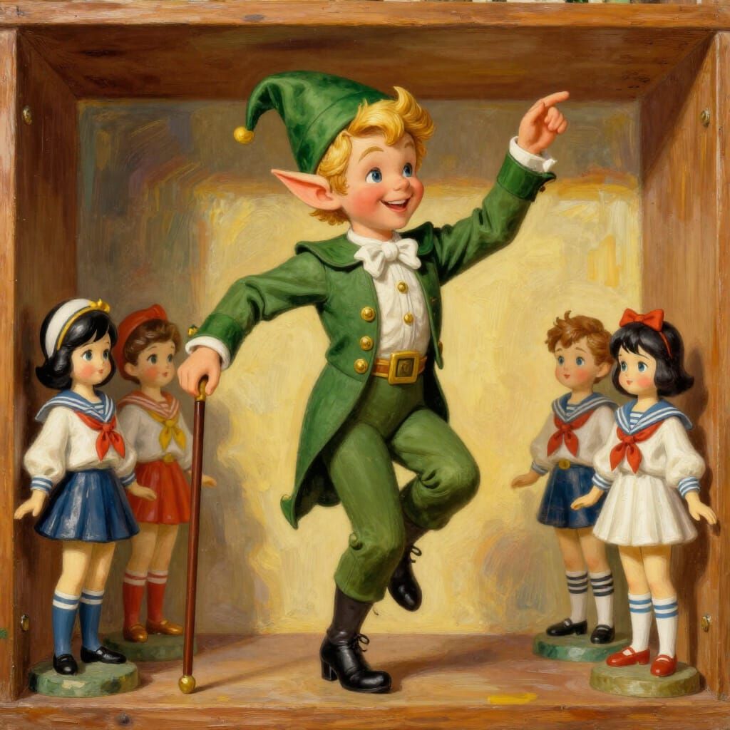 Dashing Elf Dancer in 1930s Tuxedo on Display