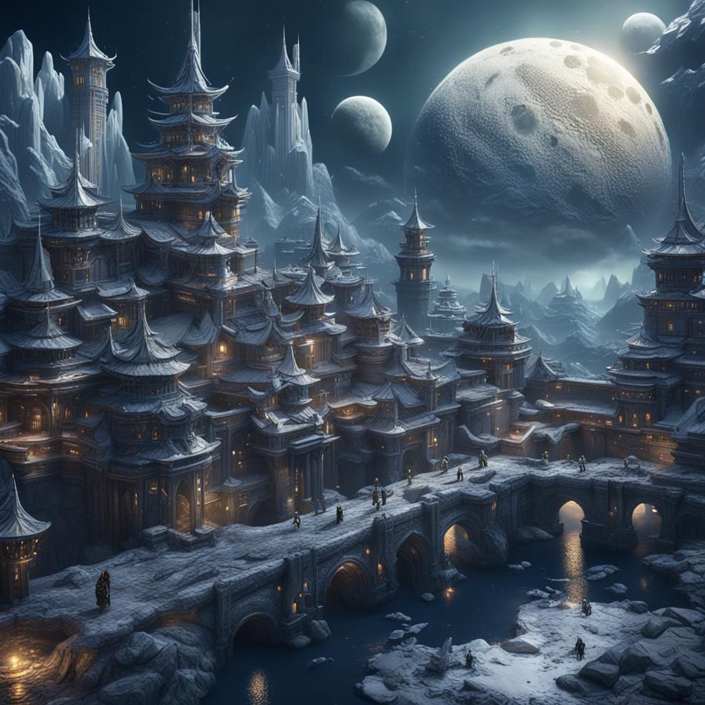 Moon City with White Dragons: Fantasy Concept Art