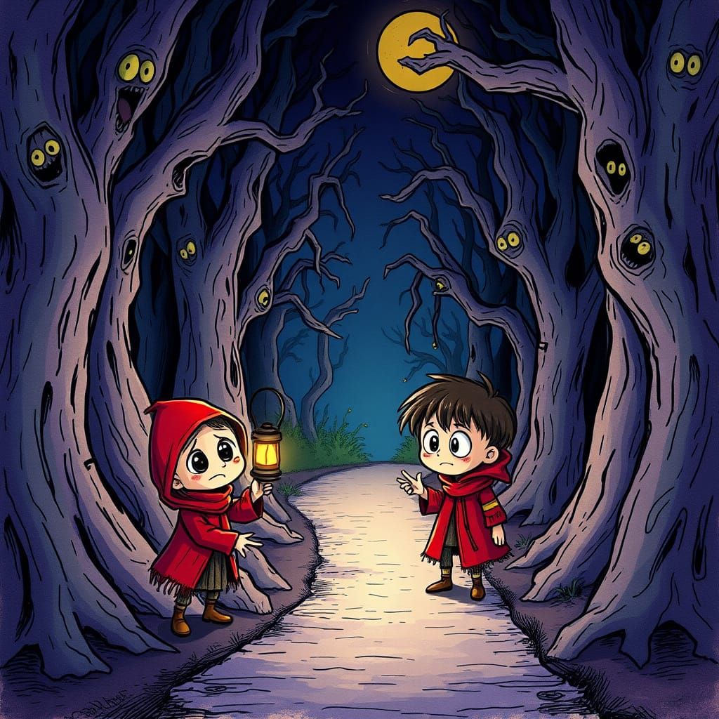 Eerie Forest at Twilight: A Child's Lantern