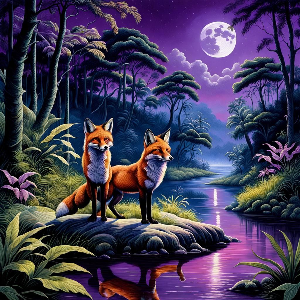 Foxes by River at Night in Sumatraism Style