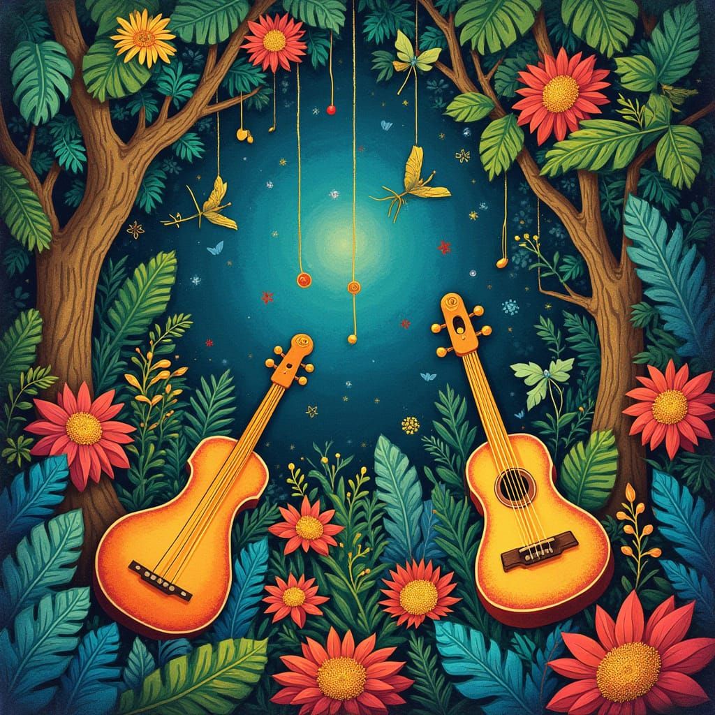 Vibrant Jungle Concert Cover Art in Dreamlike Style