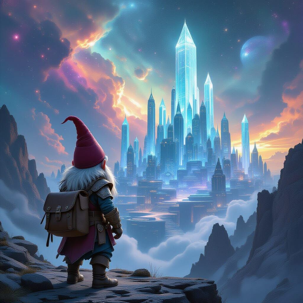 Gnome Explorer at Alien City Edge in Cosmic Nebula