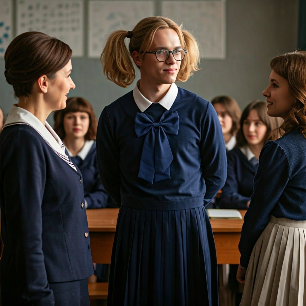 Teen Boy Embarrassed in School Uniform with Pigtails