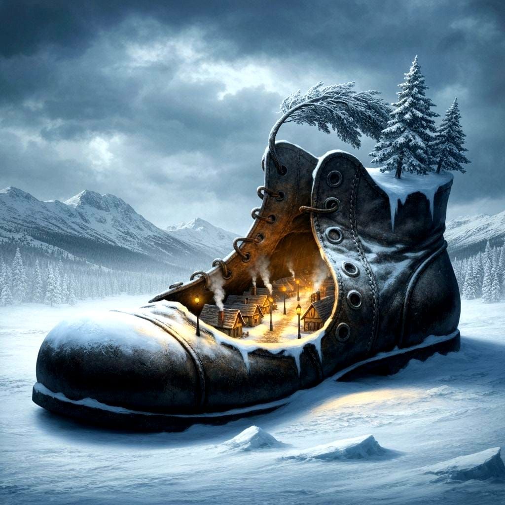 Giant Shoe Houses Medieval Village on Snowy Tundra