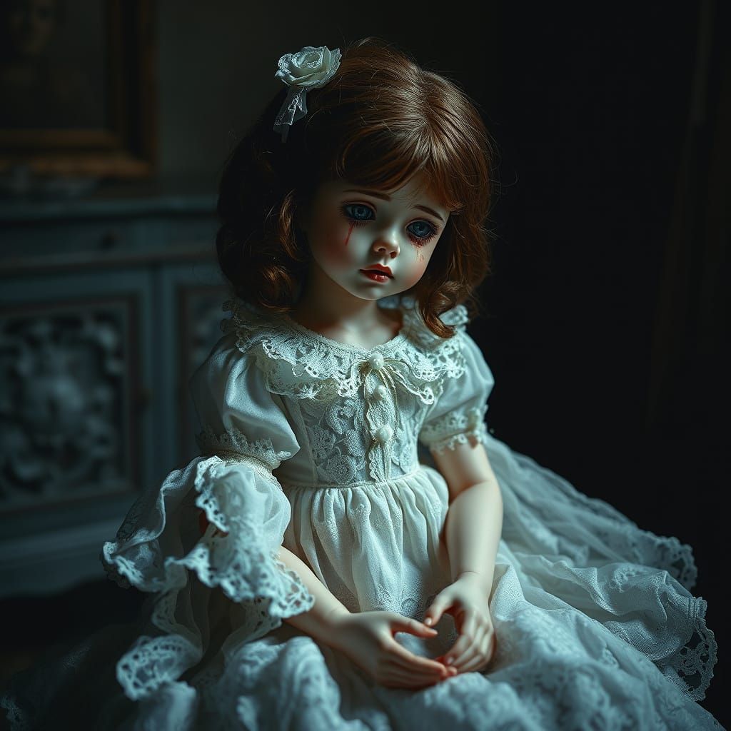 Melancholy Porcelain Doll in Vintage Room