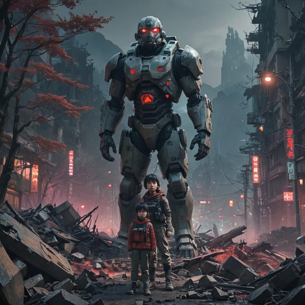 Sci-Fi Soldier and Child in Anime Cityscape