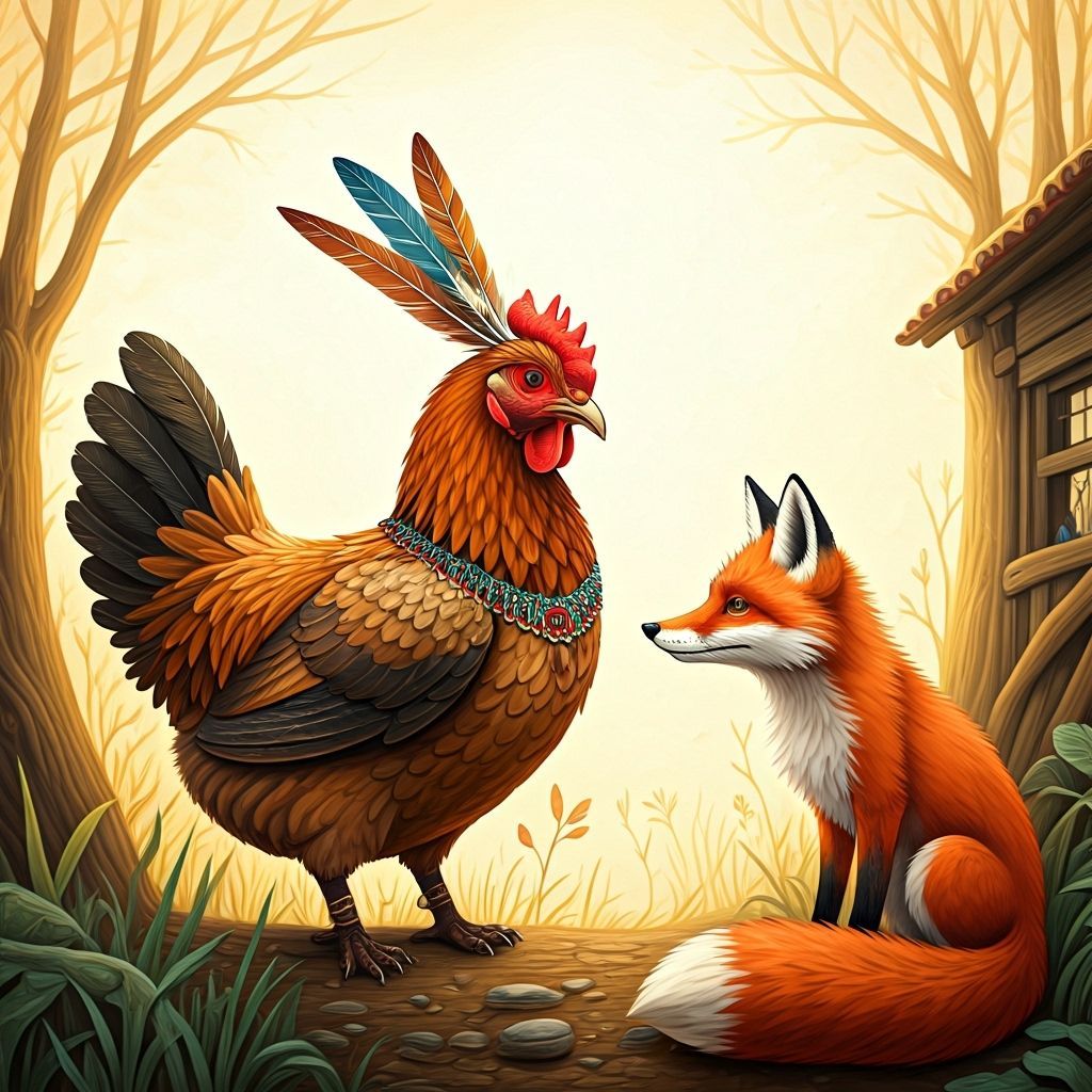 Hen Confronts Fox in Whimsical Farmyard