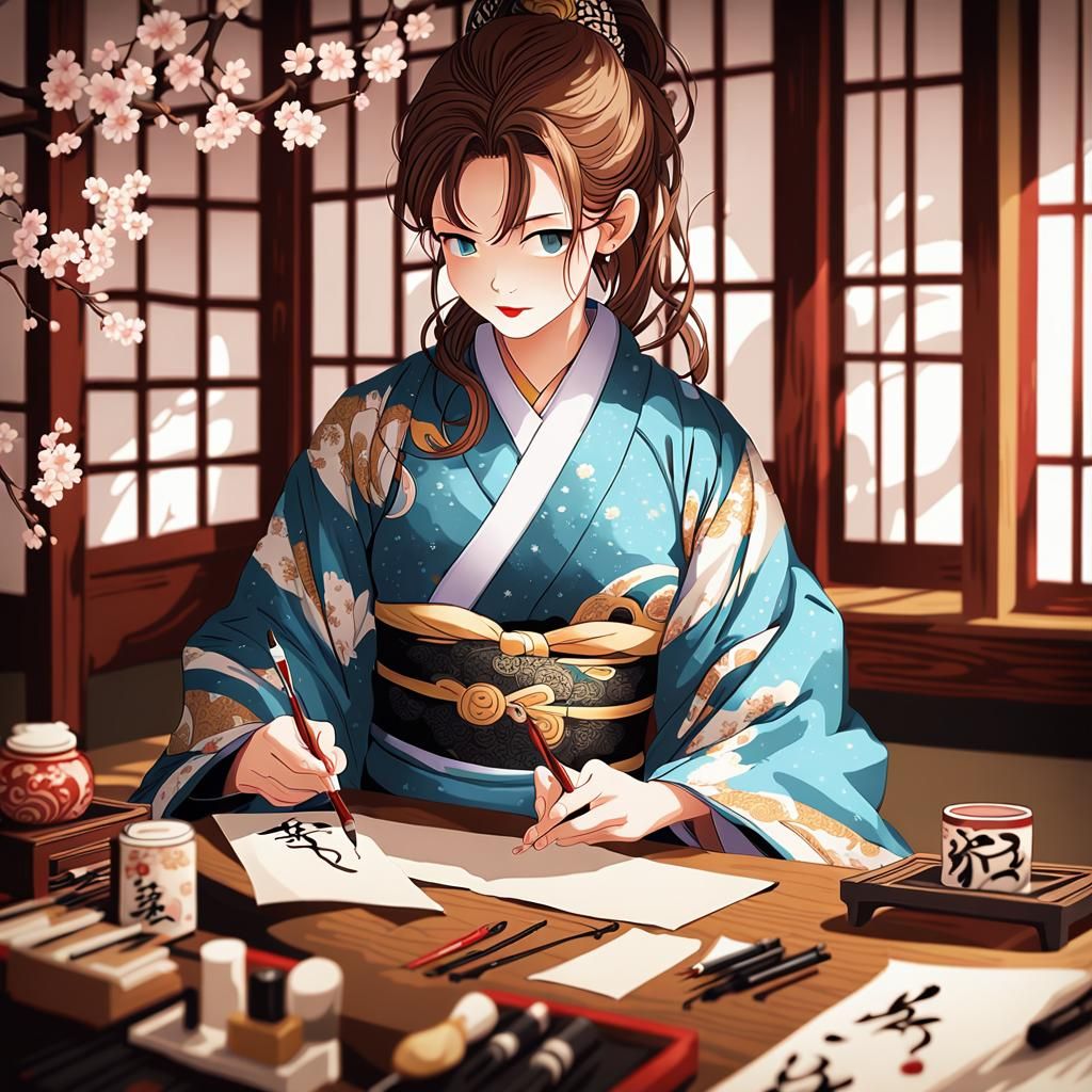 Woman in Kimono Writing Calligraphy in Art Nouveau Style