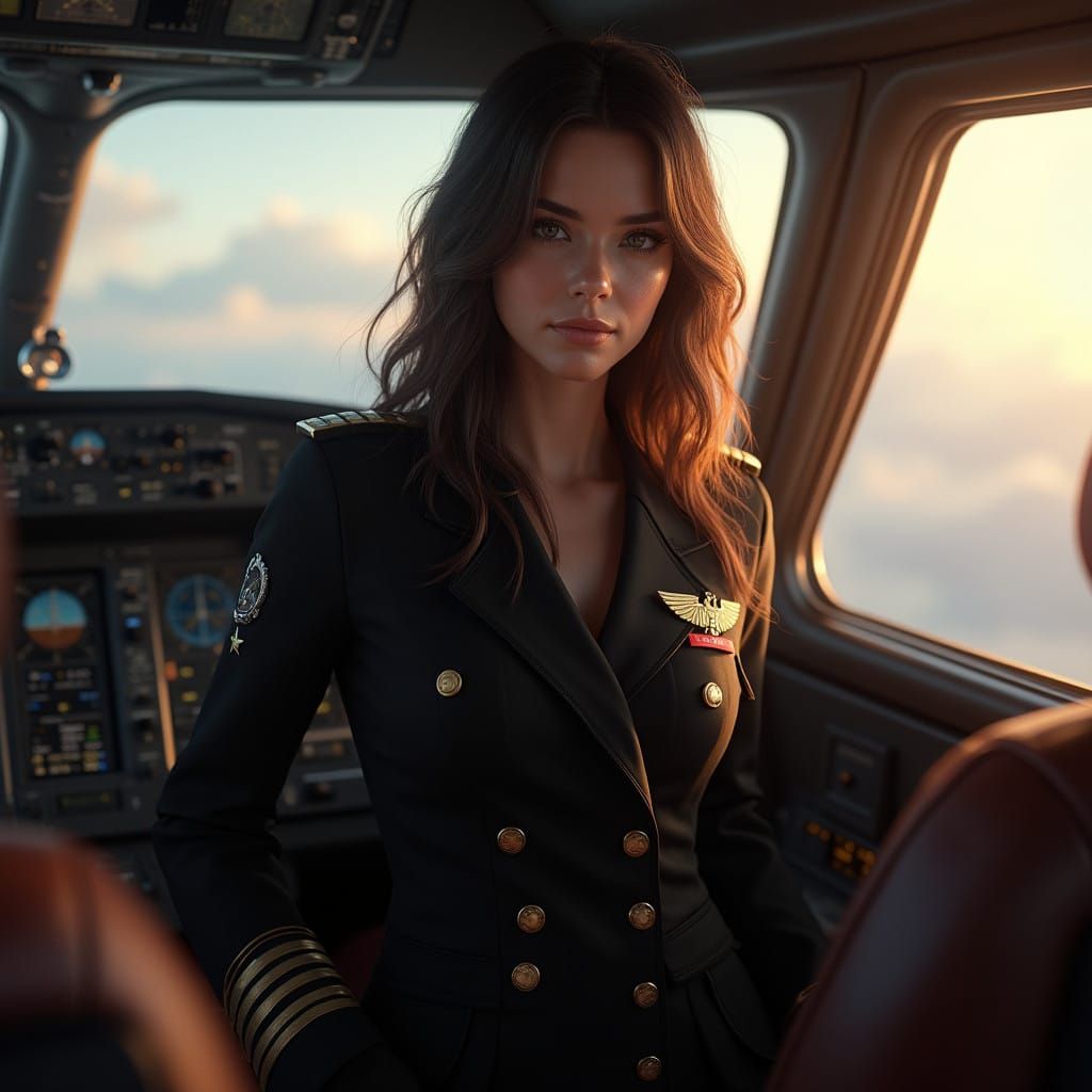 Elegant Female Pilot in Modern Airplane Cockpit