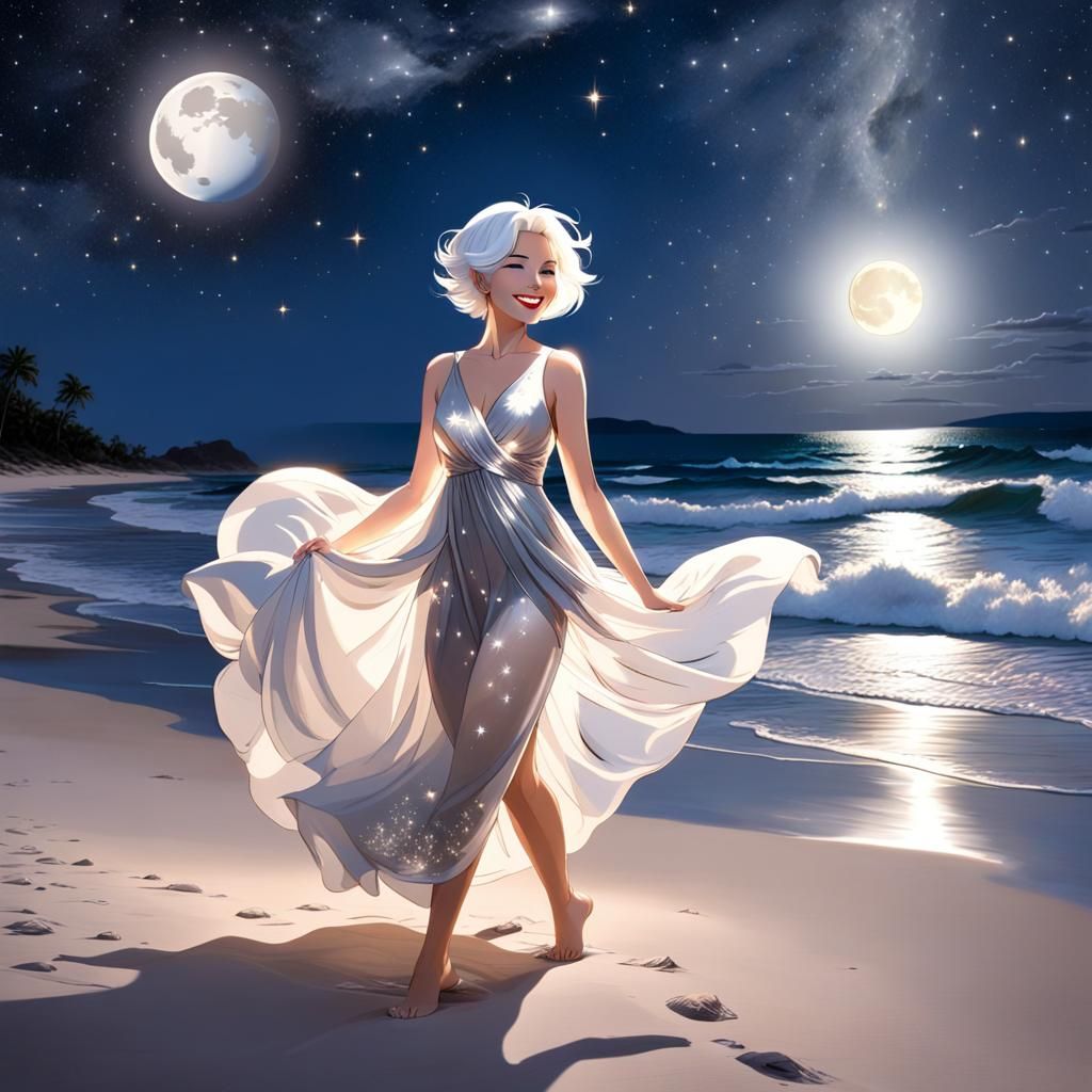 Moonlit Woman on Summer Beach, Fantasy Art