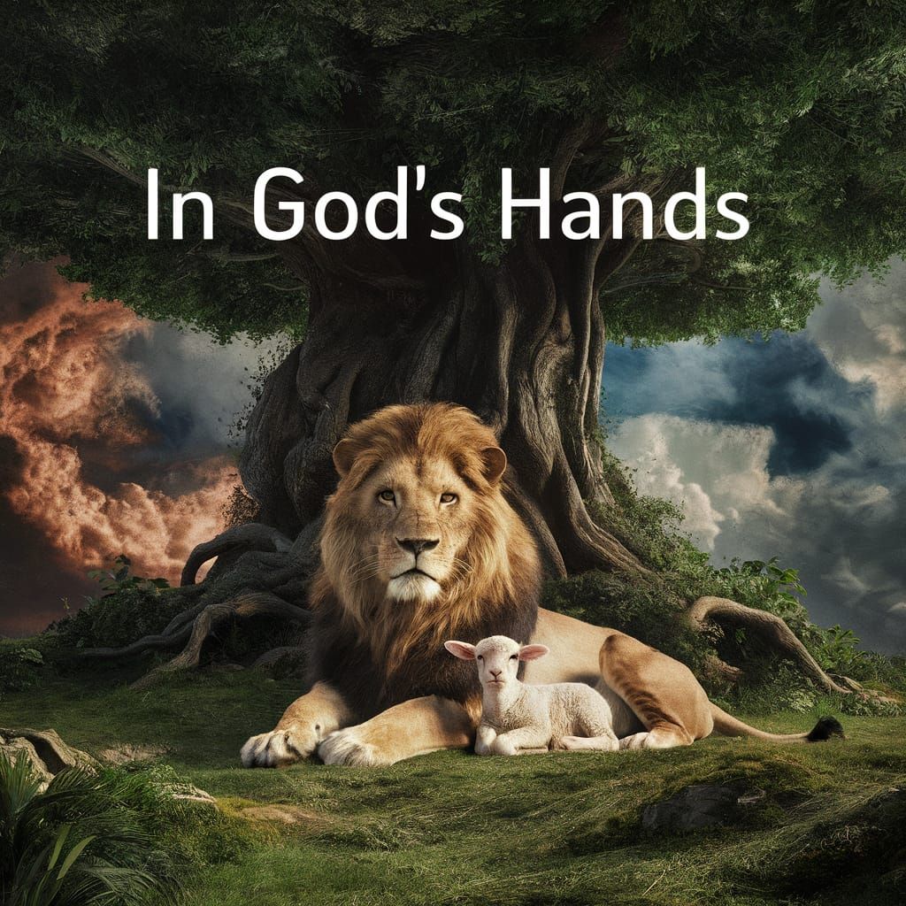 Lion and Lamb Coexisting in Lush Landscape