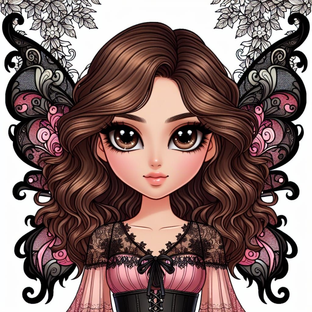 a cartoon of a beautiful fairy, she has large hazel eyes, cu...