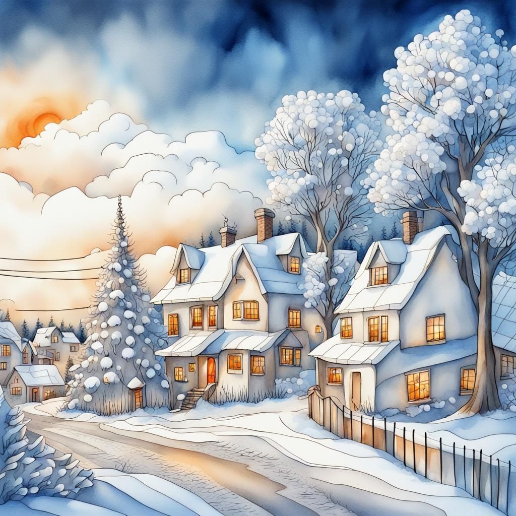 Christmas Village Landscape in Watercolor Style
