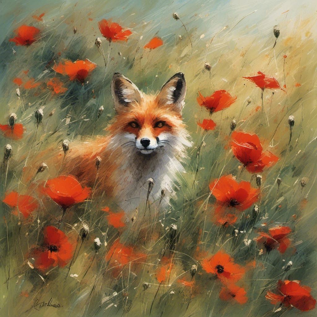 Fox in Poppy Field with Wind