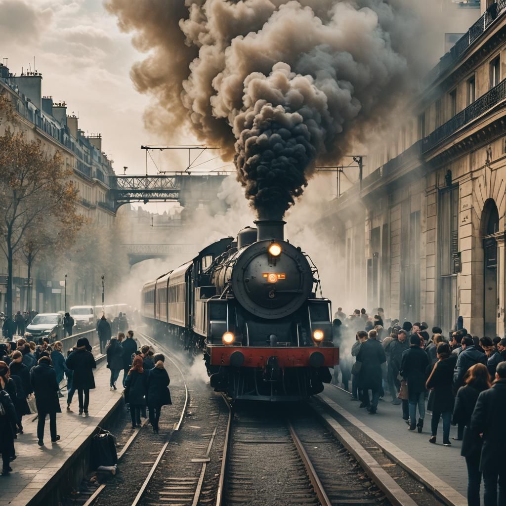 Smoking Locomotive Speeds Through Paris in High Contrast