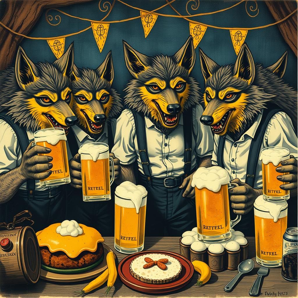 Oktoberfest Werewolves Celebrate in Folk Art Style