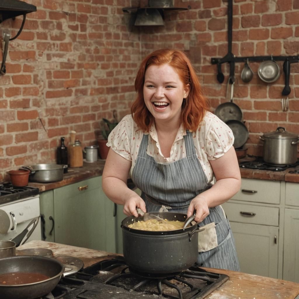 Laughing Redhead Cooks Dinner in Vintage Kitchen