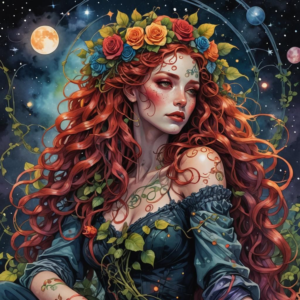 Biopunk Woman Portrait Under the Stars in Watercolor Style