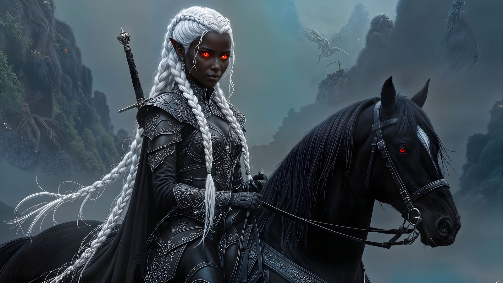 Glowing Fae Princess Rides Majestic Black Stallion in Cyberp...