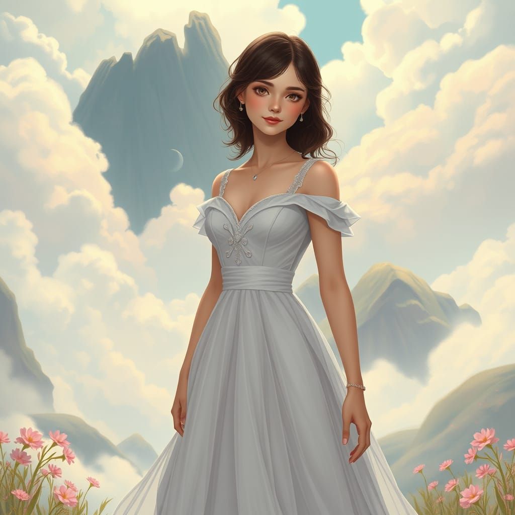 Elegant Woman in Dreamy Landscape, Illustrative Art