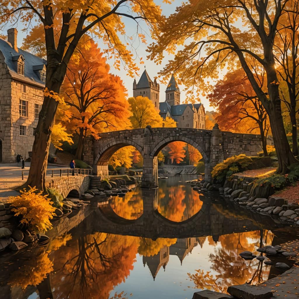 Autumn River Scene with Stone Architecture