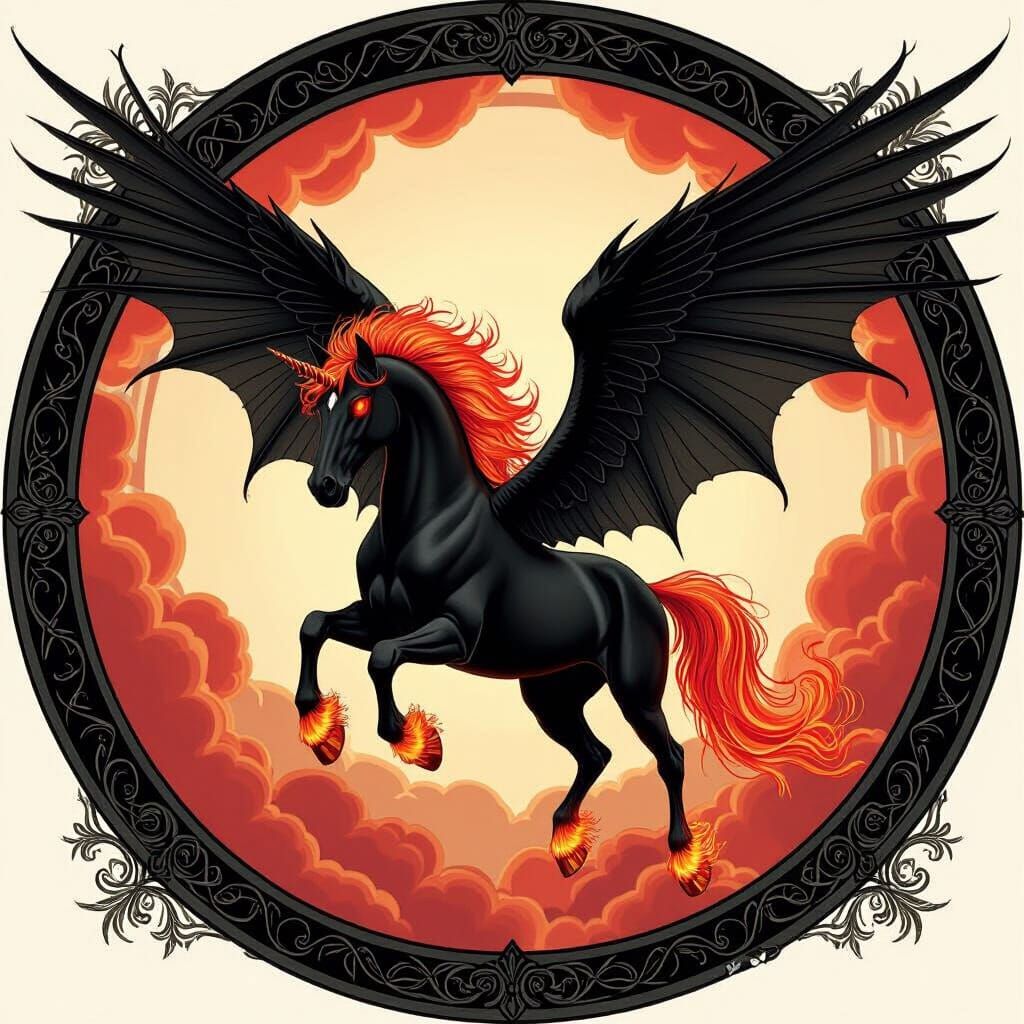 Fiery Pegasus with Bat Wings in Art Nouveau Style