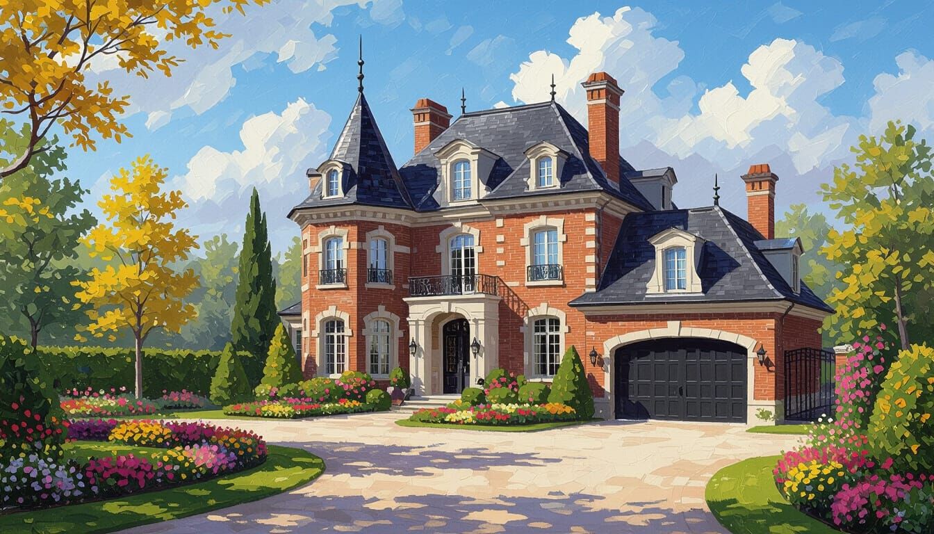 Grand Brick Chateau with Vibrant Garden and Painterly Style