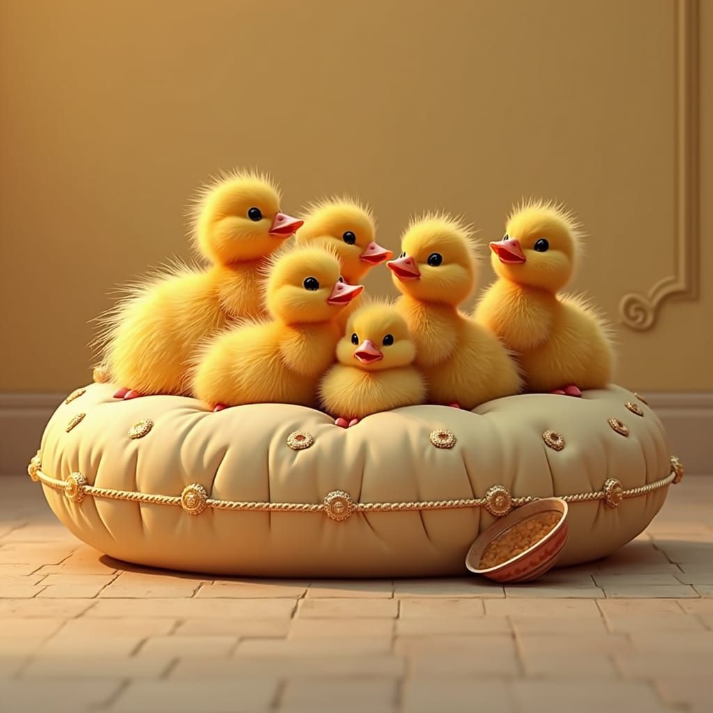 Adorable Ducklings and Chicks on Plush Cushion, Art Nouveau
