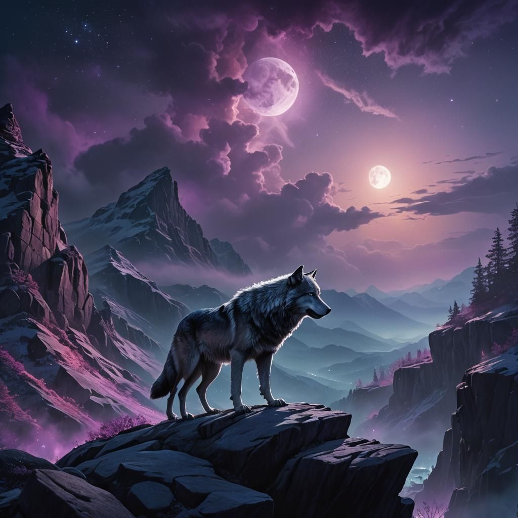 Silver Wolf Howling at Moon: Cinematic Matte Painting