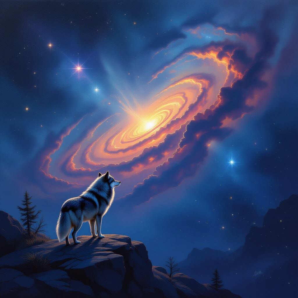 Wolf Overlooking Nebula in Oil Painting Style