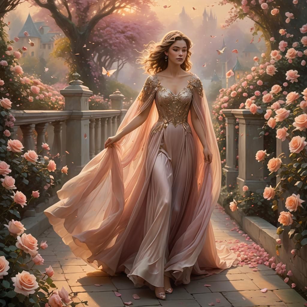 Woman Walks Rose Bridge in Dreamlike Fantasy Style