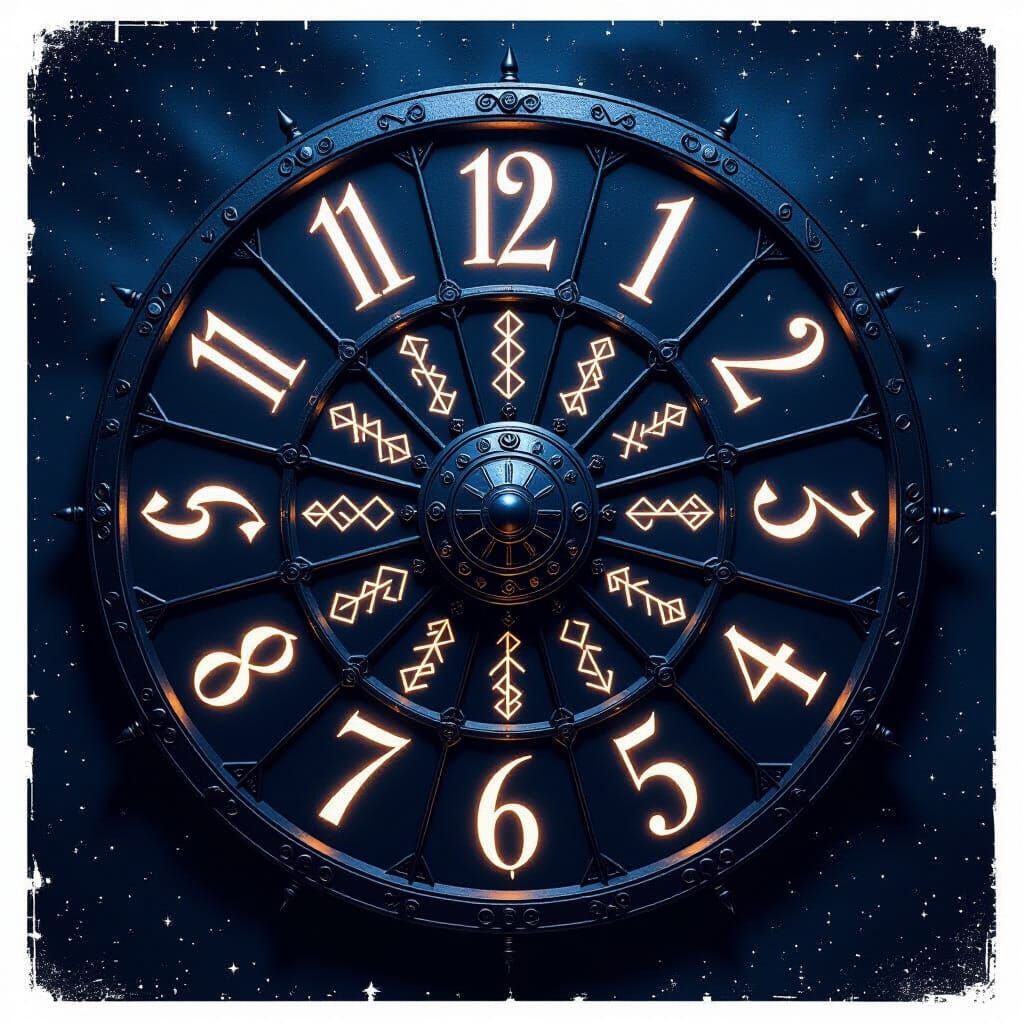 Mystical Rune Wheel with Glowing Numbers in Starry Sky