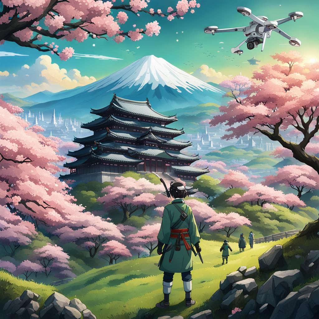 Drone Pilot Over Feudal Japan in Anime Style