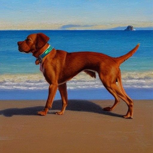 Dog on Beach in Oil Painting Style