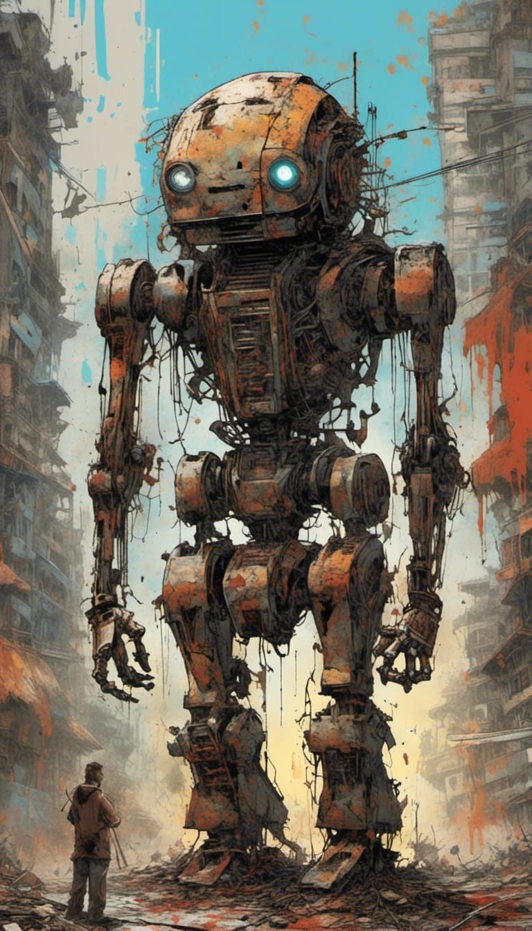 Dystopian Robot Character in Corrupted Cyberpunk World