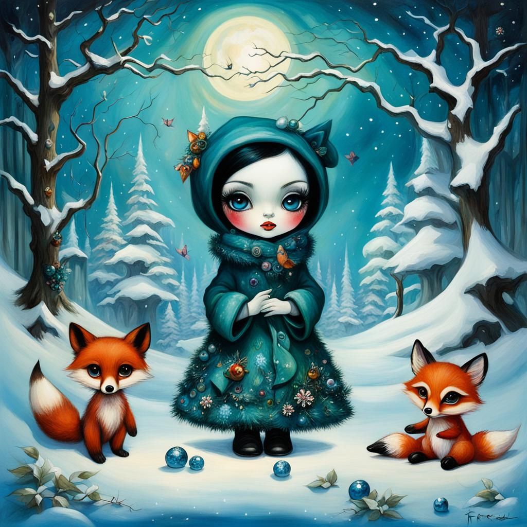 Teddy Bear and Fox in Surrealist Winter Wonderland