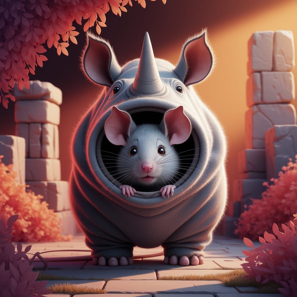 Mouse in Rhino Costume: Whimsical Storybook Illustration