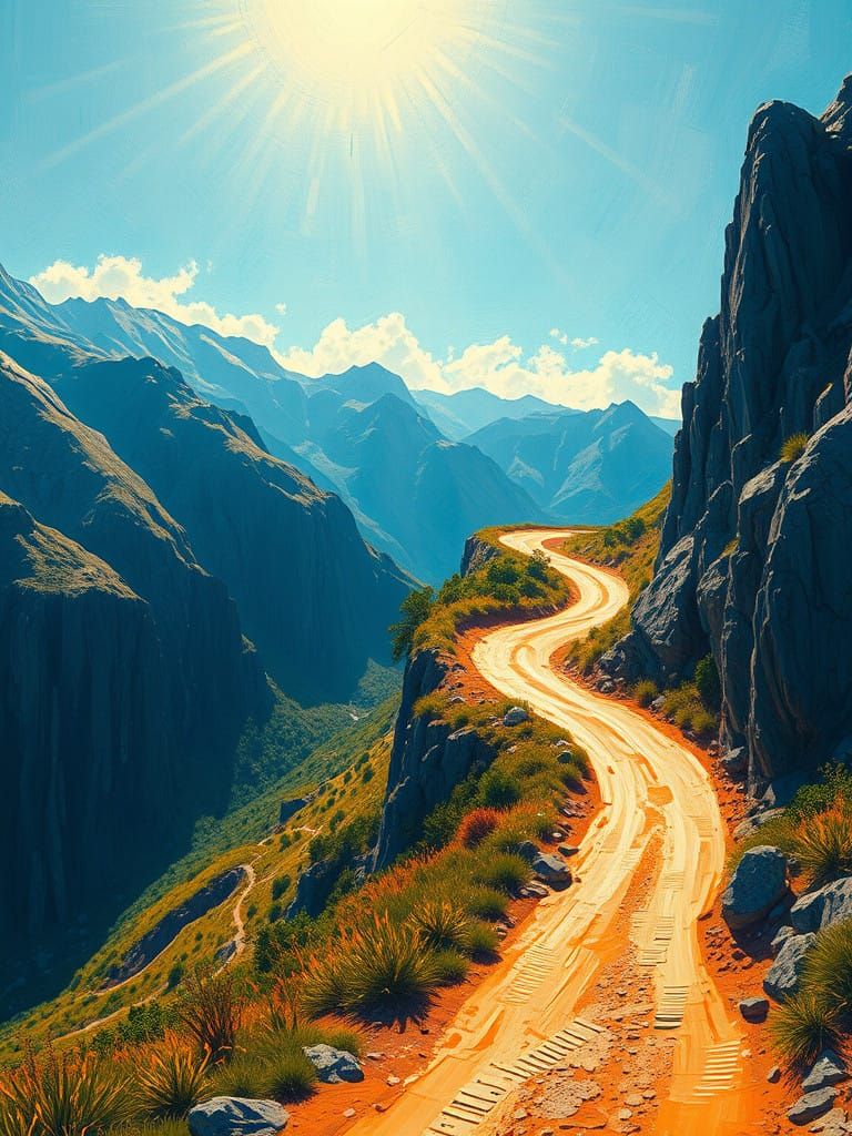 Vibrant Mountain Road in Post-Impressionist Style