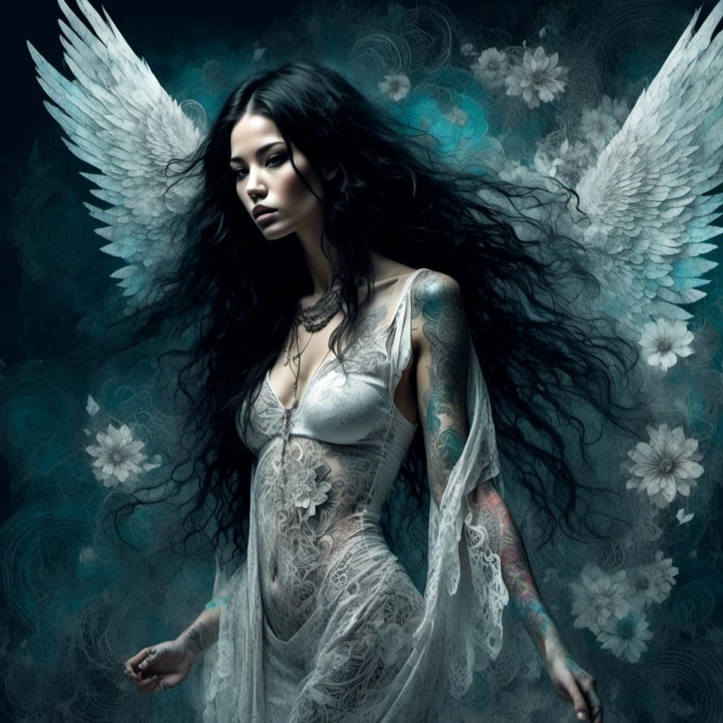 Chubby Angel Woman with Rainbow Lace Flowers